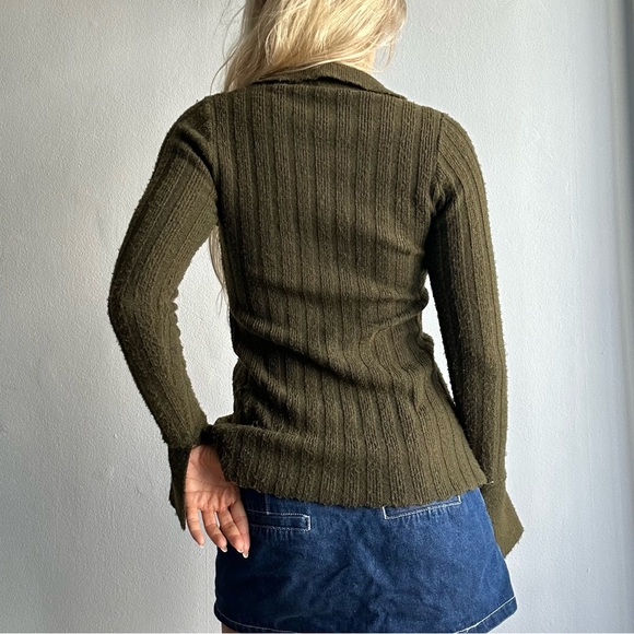 Princess Polly Ribbed Knit Cardigan w/ Slit Bell Sleeves in Olive Green - Picture 4 of 11